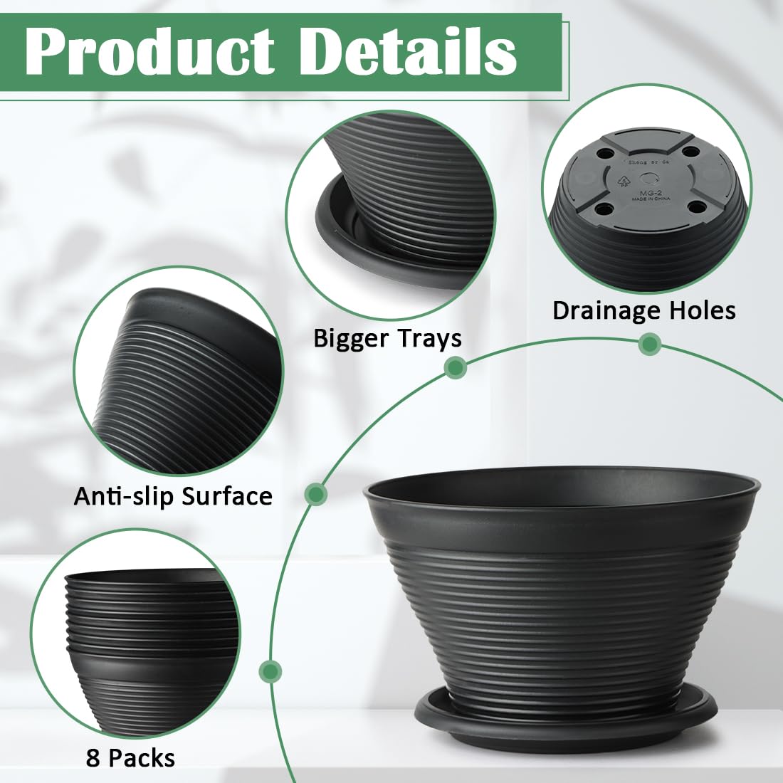 RooTrimmer 8 Inch Plastic Plant Pots with Saucers 8 Pack, Flower Pots with Drainage Holes, Sturdy Planter Pots for Indoor Outdoor, Modern Decorative Gardening Pots for Planting House Plants, Black
