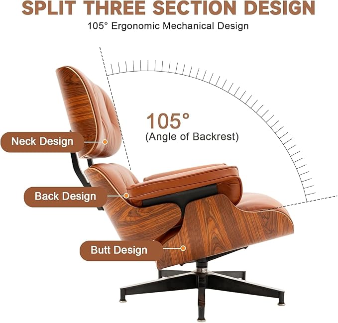 Top Grain Leather, Mid Century Chaise Lounge Chair and Ottoman, Modern Chair