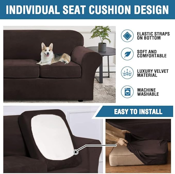H.VERSAILTEX Modern Velvet Plush 4 Piece High Stretch Sofa Slipcover Cover Form