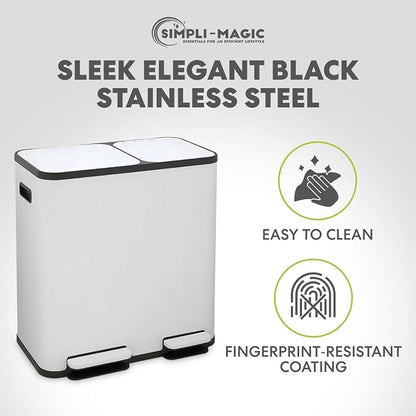 Simpli-Magic 70 Liter / 18.5 Gallon Rectangular Hands-Free Dual Compartment Recycling Kitchen Step Trash Can with Soft-Close Single Lid, Stainless Steel (40L x 30L Capacity), White