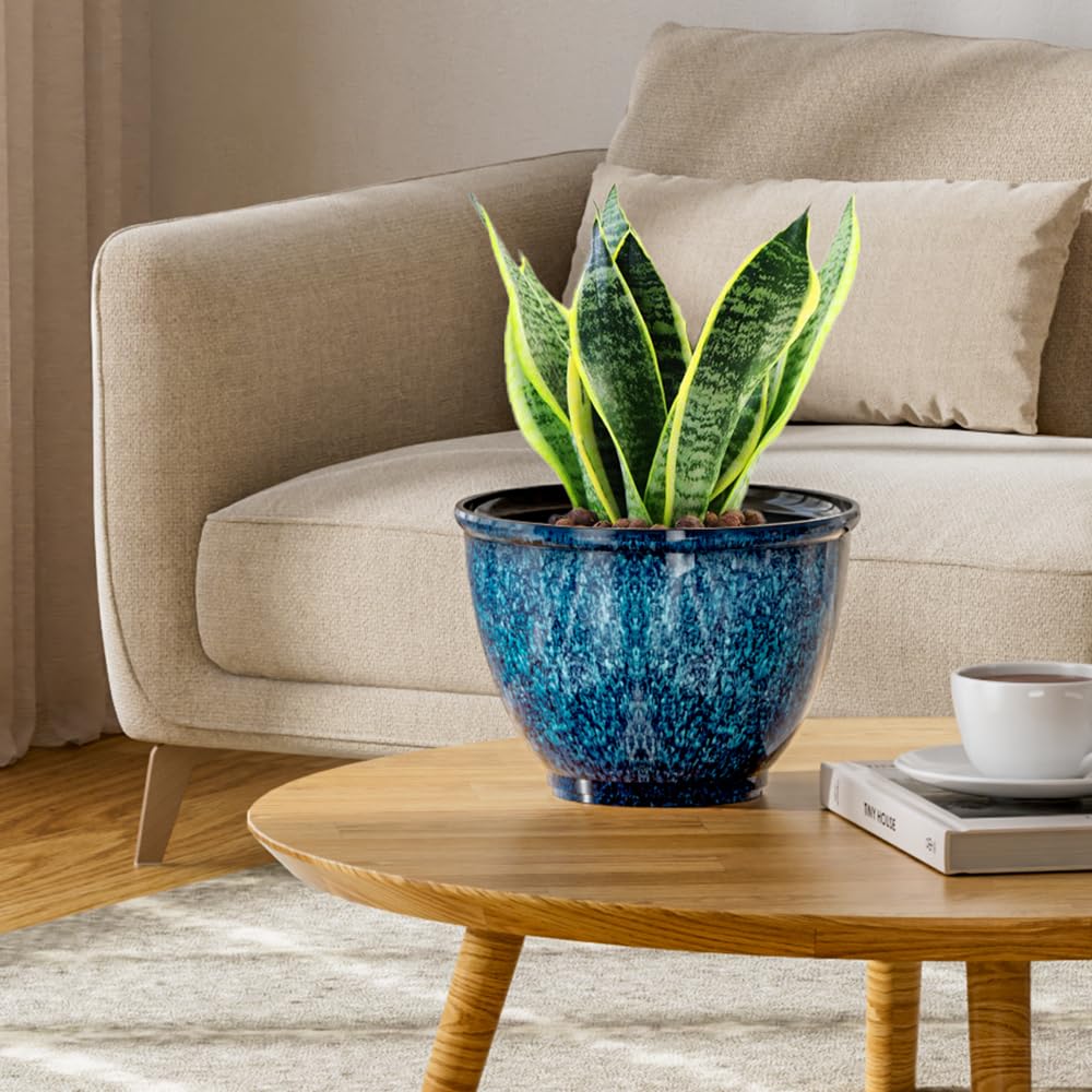 Vanslogreen 8 Inch Glazed Plastic Plant Pots, Set of 4 Planters with Drainage Holes - Indoor/Outdoor Flower Pots for Succulents, Herbs, Home Decor(Blue)