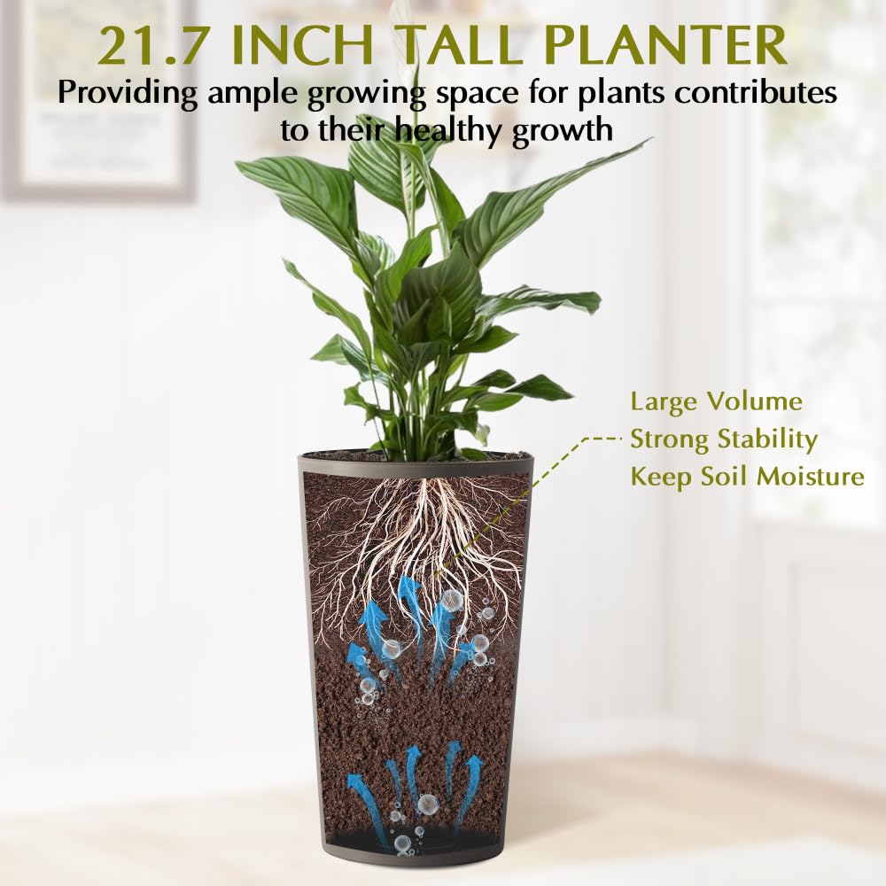 zzhugyin 2 Pack Tall 21.7 Inch Planter Pots, Modern Tapered Flower Pots for Indoor Outdoor Plants, Large Garden Patio Porch Planter Box (Brown)