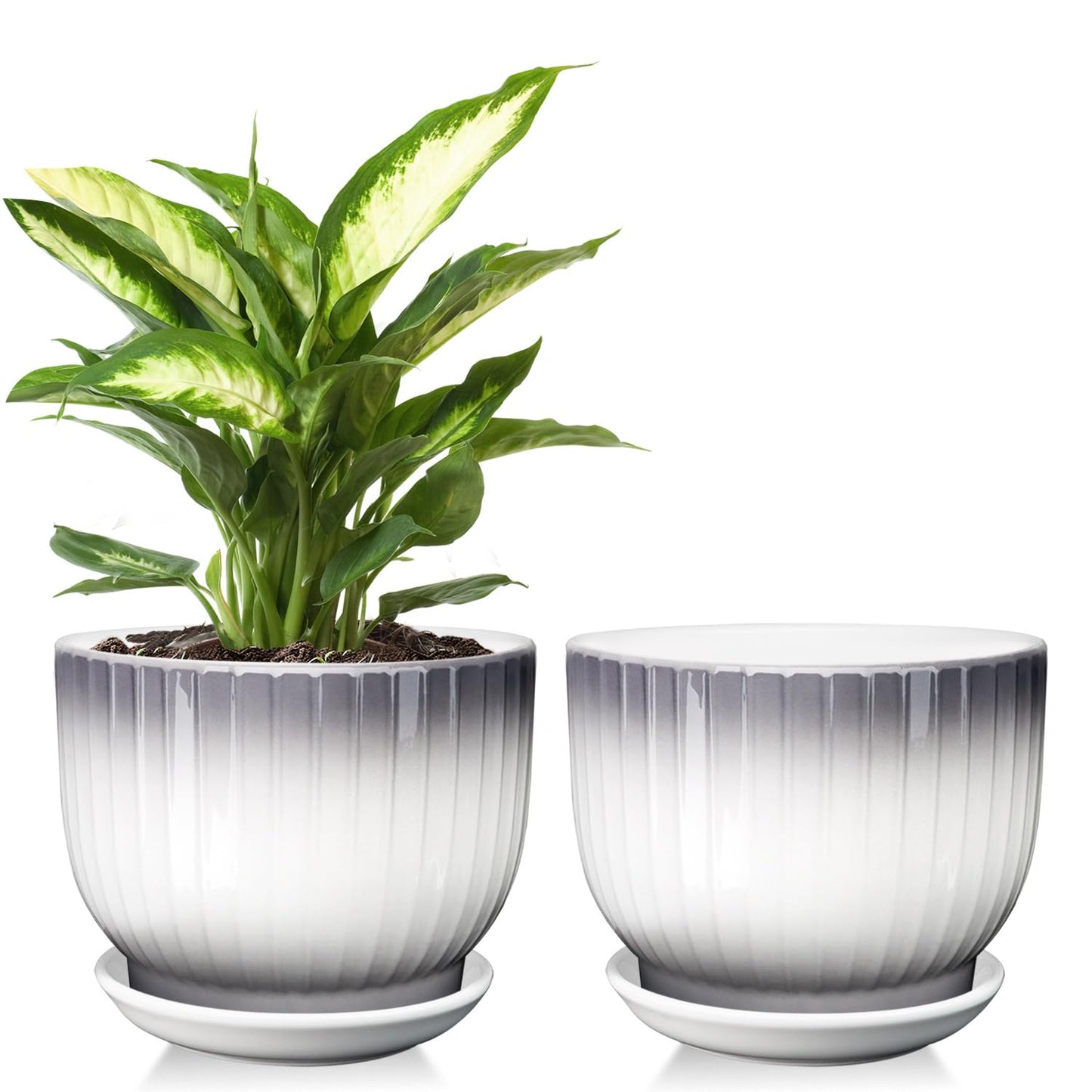 YUFDA Ceramic Plant Pots,6.7 Inch,Set of 2,Planters with Drainage Hole and Saucer,Flower pots for Indoor Plants,Modern Design(Gray+White)