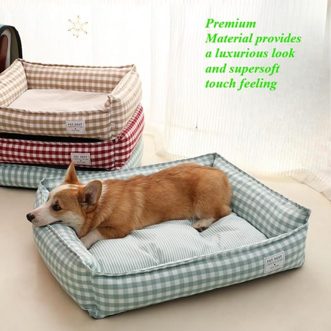 Orthopedic Rectangle Dog Bed for Medium Small Dogs, Plaid Plush Modern Puppy Sofa Bed with Anti-Slip Bottom, Cute Calming Pet Bed(Khaki,Medium)