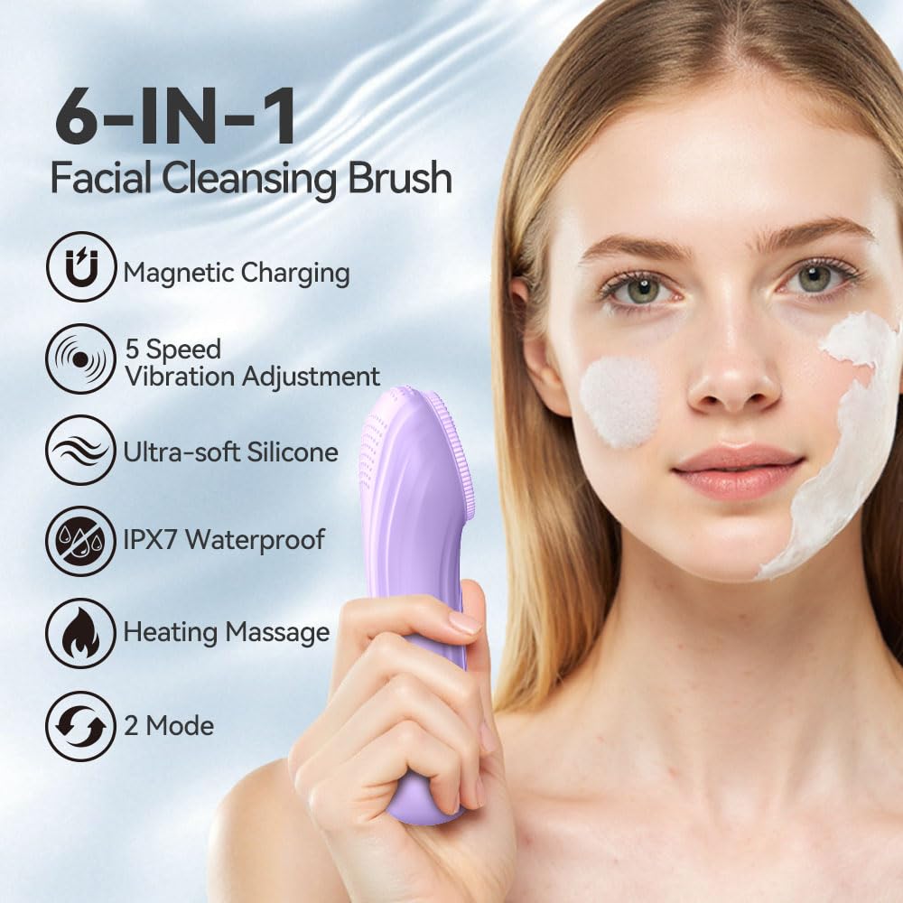 Facial Cleansing Brush, Silicone Face Scrubber with Heat and Vibration 5 Speeds, Waterproof Rechargeable Electric Face Scrub Brush for Men & Women, Deep Cleansing, Exfoliating and Massage (Purple)