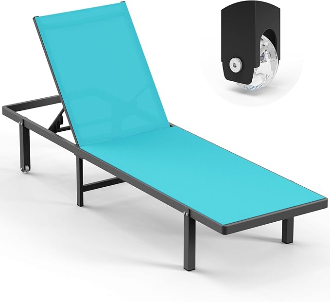 Lounge Chair Outdoor with Wheels, Aluminum Patio Chaise Lounge Chair with 5