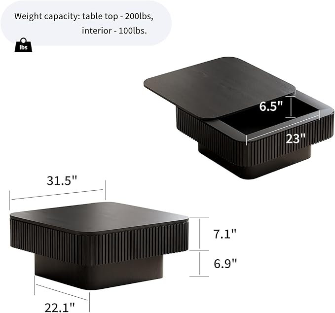 Square Coffee Table for Living Room, Fluted Drum Accent Tea Center Table