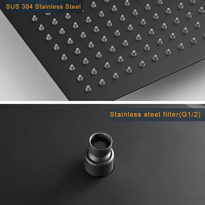 BESy 16 Inch Rain Shower Head, 16" Square Rainfall & High Pressure Stainless Steel Bath Showerhead, 1/16" Ultra Thin, Waterfall Full Body Coverage with Silicone Nozzle, Matte Black Finish