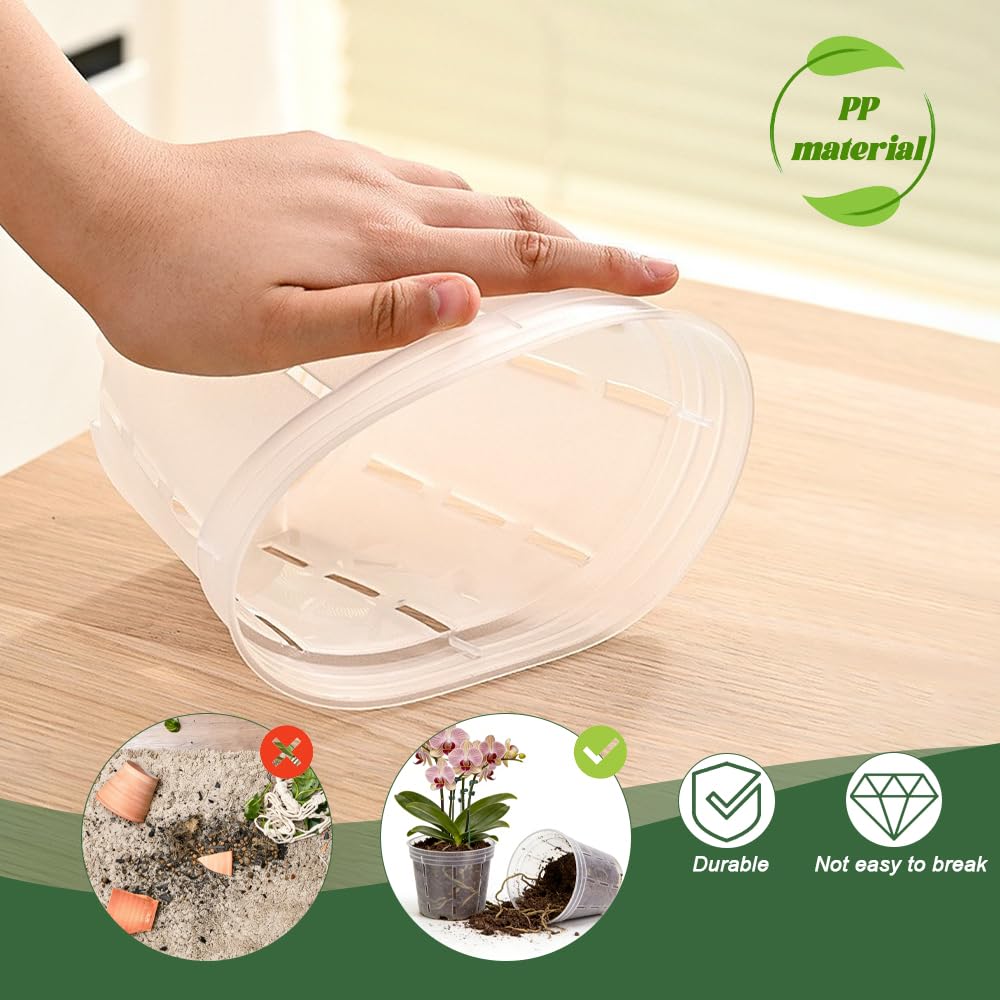 LUCKJUJU 12 Sets Orchid Pot with Holes, 4, 5, 6 Inch Clear Plastic Plant Pot with Saucers, Plant Stakes, Clips, Orchid Pots with Drainage for Repotting for Indoor Outdoor Plants