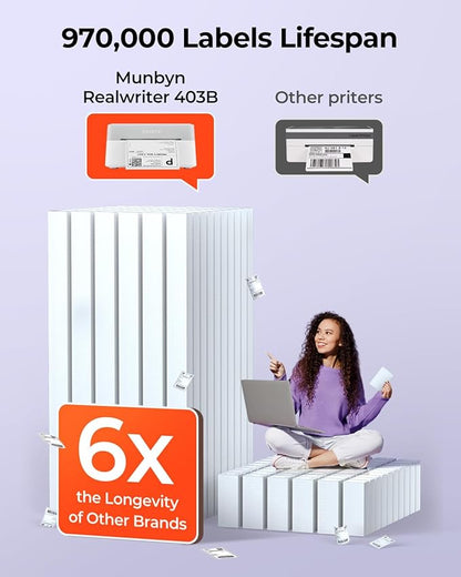 MUNBYN Bluetooth Thermal Label Printer RW403B, Wireless 4x6 Shipping Label Printer for Small Business, Compatible with Android, iPhone, Windows, Mac, Chromebook, Print Width 1.57"-4.25" (Grey)