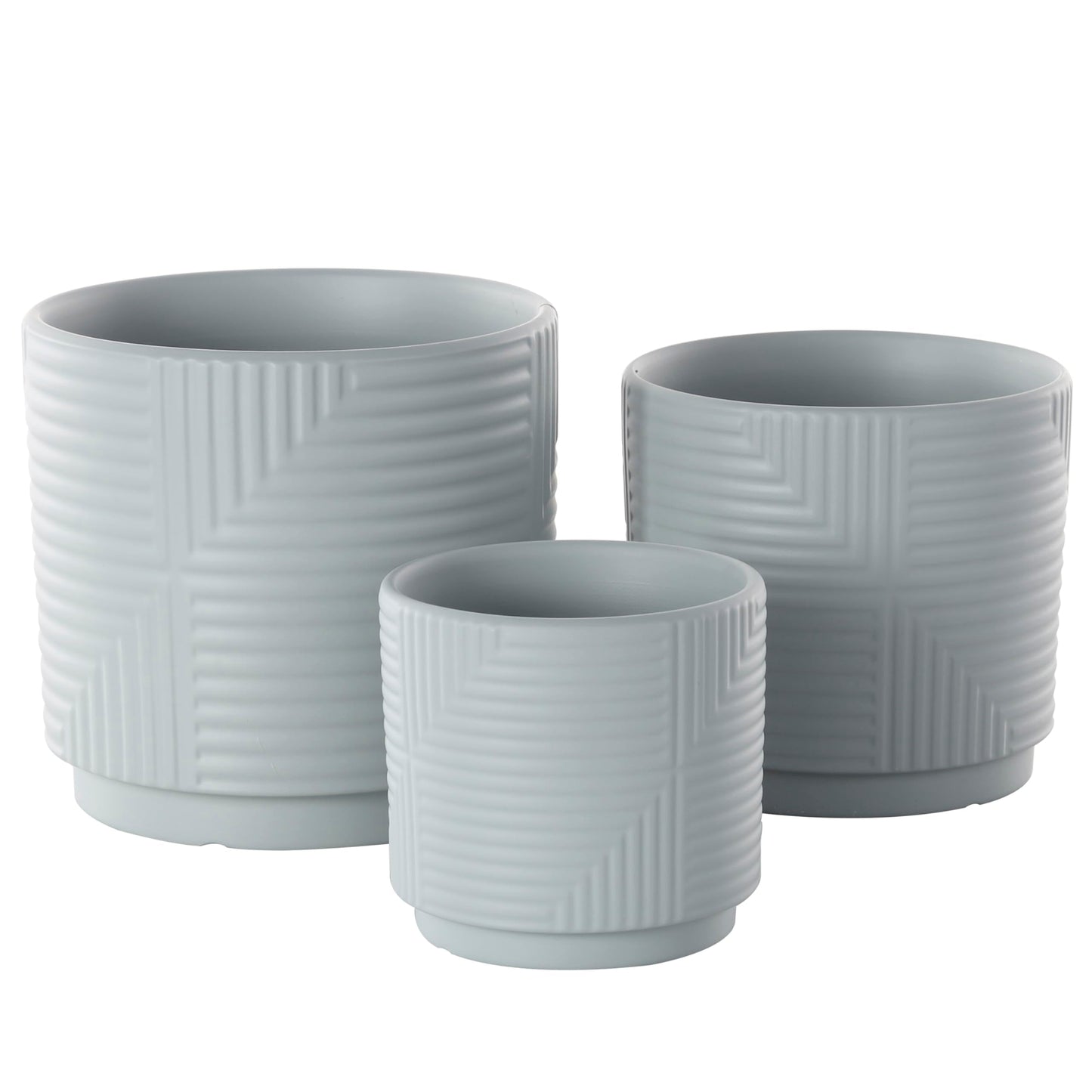 Deco 79 Ceramic Indoor Outdoor Planter Small Planter Pot with Layered Square Shaped Grooves, Set of 3 Planters 7", 6", 4"H, Gray