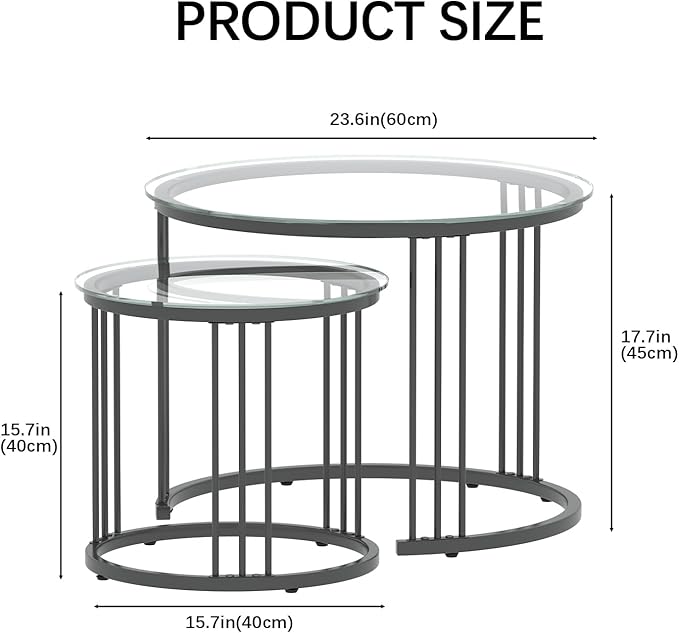 Garden 4 you Nesting Coffee Table, 23.6" Round Coffee Table Set of 2, Glass