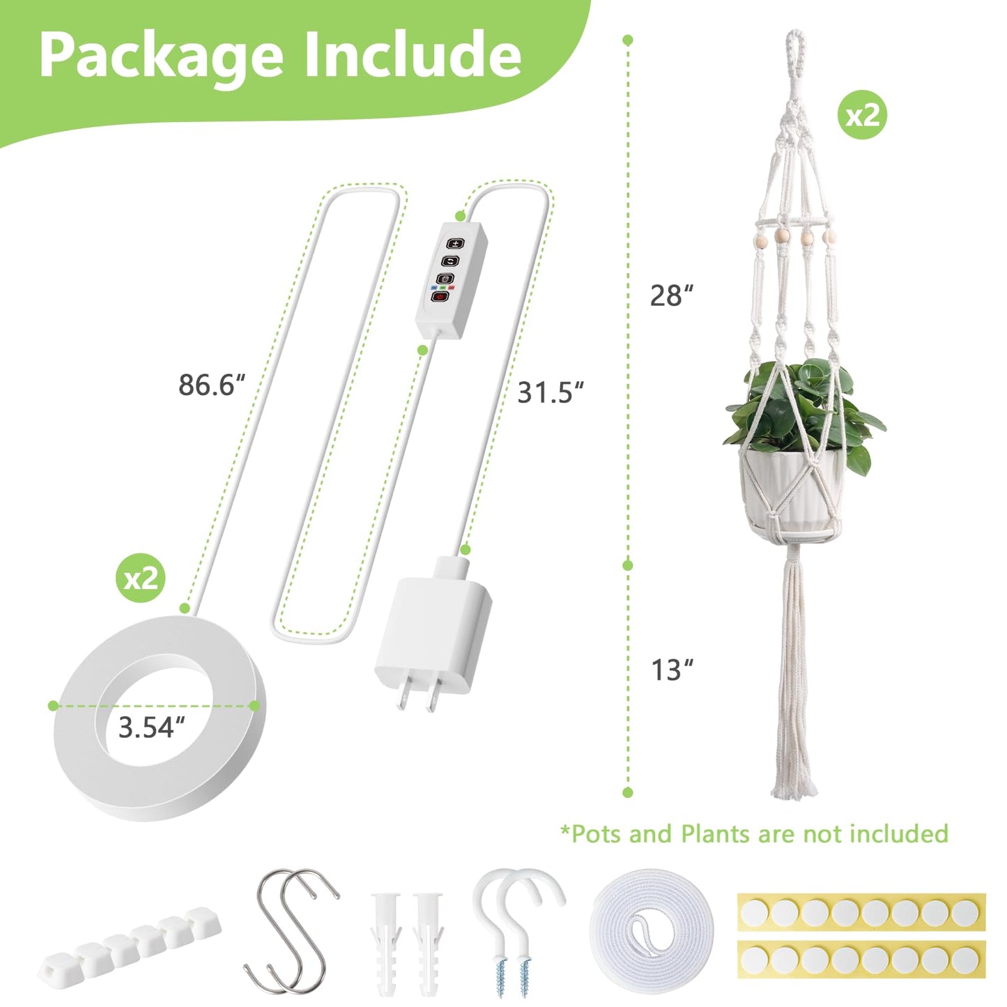 MSFON 2 Pack Macrame Plant Hanger with Grow Light: Sturdy Hanging Planters for Indoor Plants, Cute Plant Holder with Plant Light, Fits 5–9 Inch Pots (Daylight Spectrum)