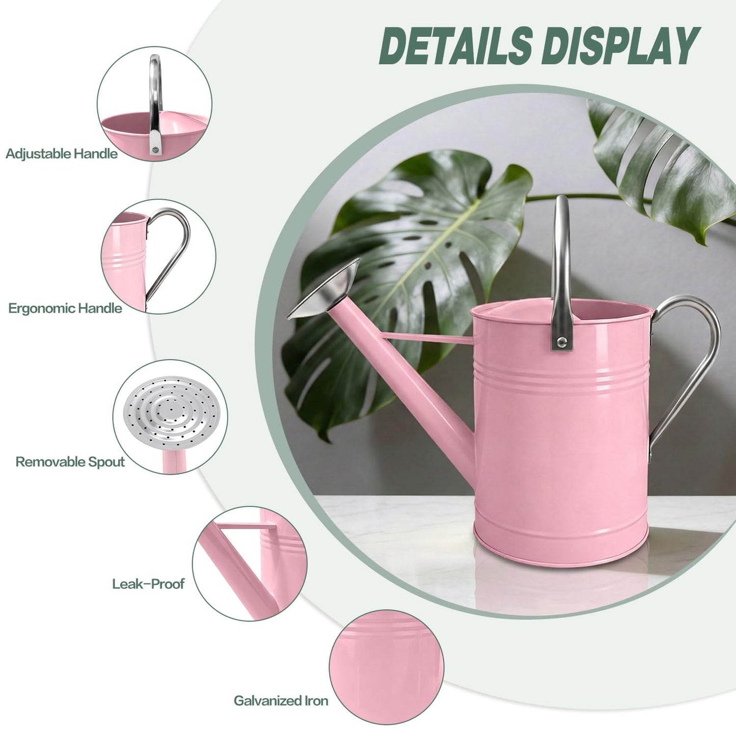 Metal Watering Can for Outdoor Plants, 1.7 Gallon Pink Garden Watering Can for Flower, Houseplants, Galvanized Finish