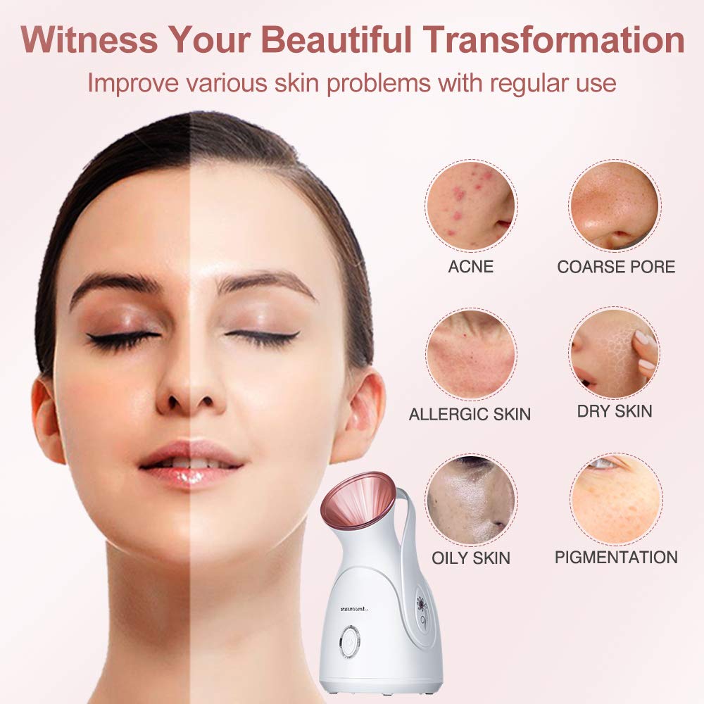 Amconsure Facial Steamer - Nano Ionic Face Steamer Warm Mist Steamer for Home Sauna SPA, Humidifier for Face Steamer for Deep Cleaning Unclogs Pores Sinuses - Bonus 5 Piece Stainless Steel Skin Kit