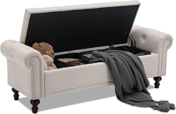 SOFTHION 58.1" Storage Bench Upholstered Linen End of Bedroom Bed Bench Ottoman