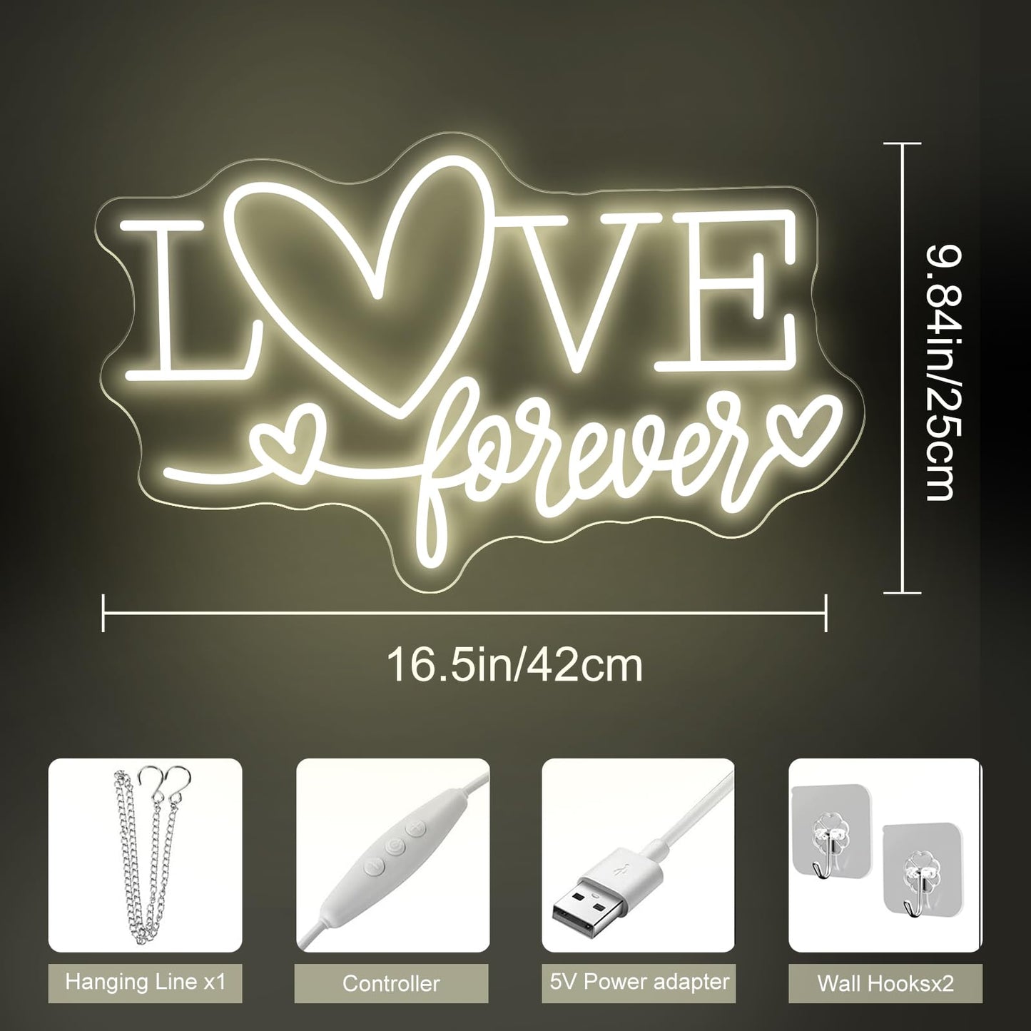 Love Forever Heart Neon Sign, Wedding Party LED Neon Light Valentine's Day Wedding Backdrop Decor Gift For Lover Valentine's Day Gift, LED Romantic Light, Couple Space Accent-Warm White-16.5"