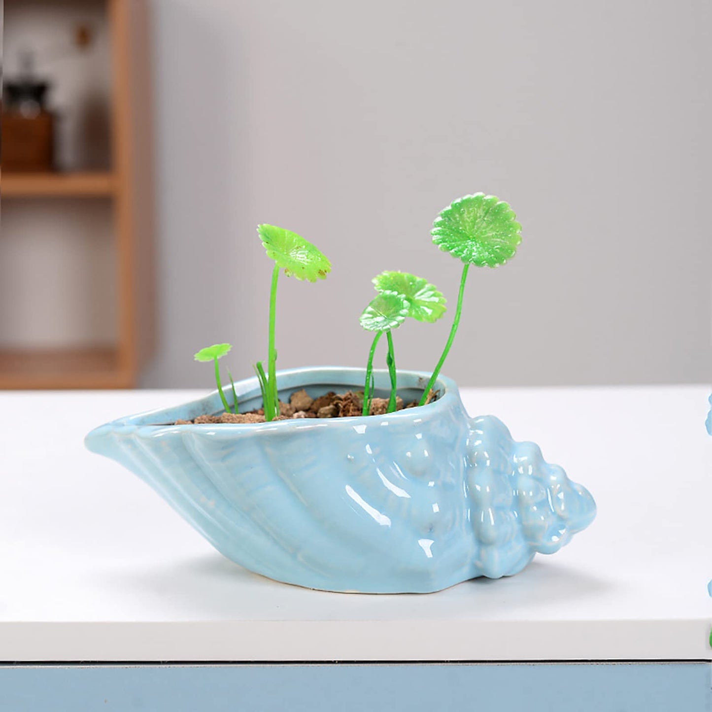 Foraineam Succulent Plant Pots, 5.5-6.5 Inch Ceramic Flower Planter Pots, Blue Conch Ocean Seashell Series, Set of 4 Succulent Cactus Plant Container with Drainage Hole