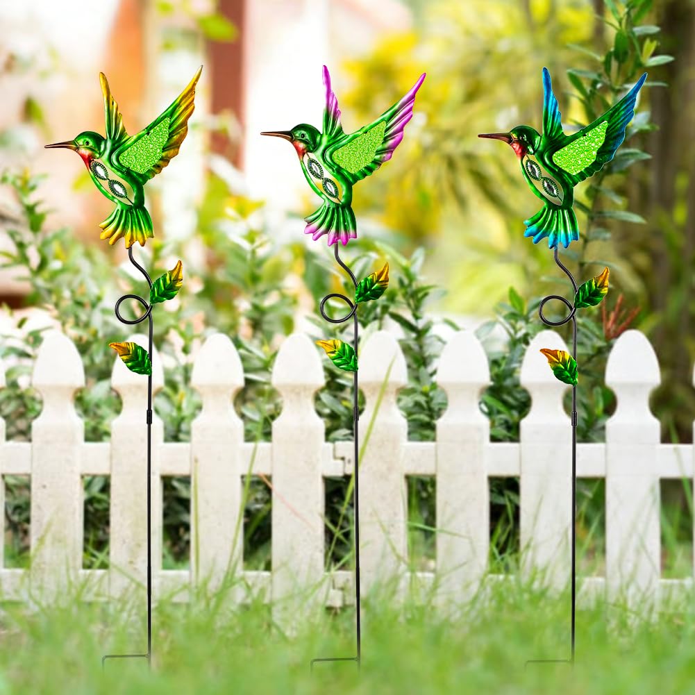 Venniy 3 Pcs Hummingbird Decorative Garden Stakes,Metal Yard Art for Lawn Pathway Patio Plant Pot Flower Bed Ornaments Spring Outdoor Decor