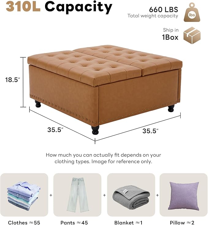 Tbfit Large Square Storage Ottoman Bench, Tufted Upholstered Coffee Table