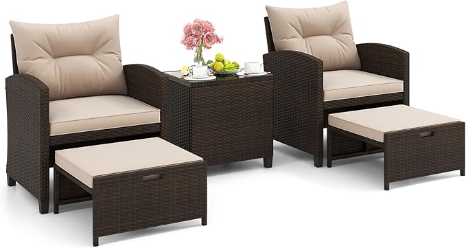 Tangkula 5 Pieces Patio Conversation Set, PE Wicker Rattan Outdoor Furniture Set