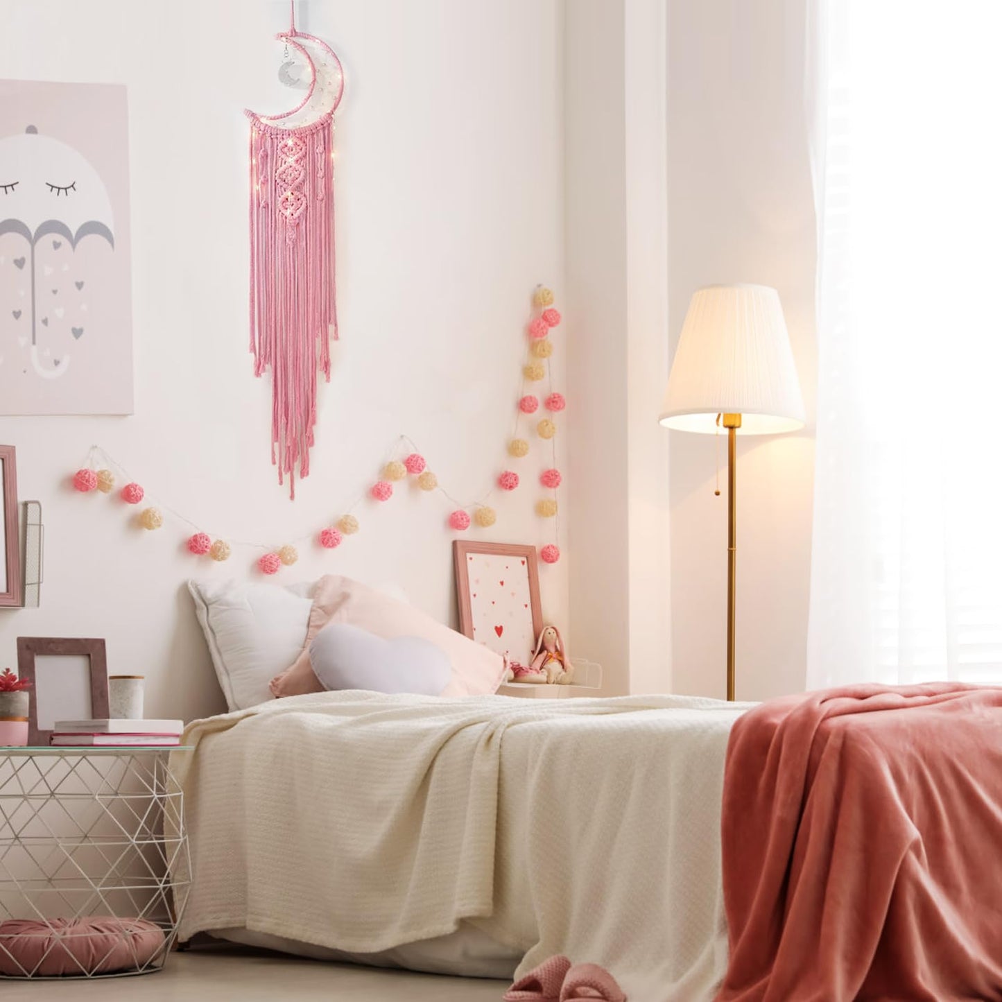 ANROYE Macrame Moon Dream Catcher for Girl, Pink Boho Crescent Dreamcatcher for Bedroom Adult, Handmade Kids Nursery Room Wall Hanging with Star Pendant for Teen, Bohemian Home Decoration Idea