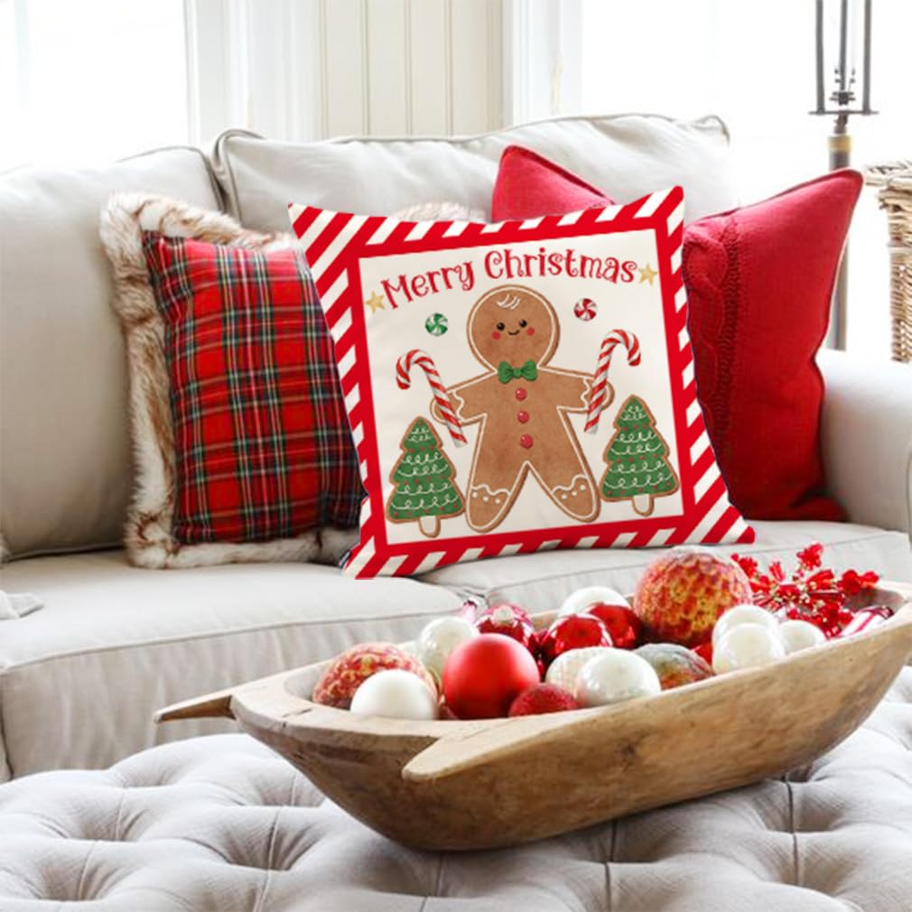 PANDICORN Christmas Pillow Covers 16x16 Set of 4 Gingerbread Man House Candy Cane Christmas Decorations Hot Cocoa Red Green Winter Holiday Decorative Throw Pillow Case for Home Couch Bedroom Decor