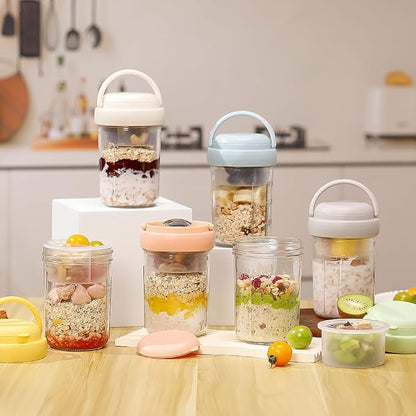 UWILLION 4 Pack Overnight Oats Containers with Handles, 16 oz Glass Mason Jars with Lids, Folding Spoons & Topping Compartments, Yogurt Parfait Cups for Weekly Meal Prep, Chia Pudding & Snacks