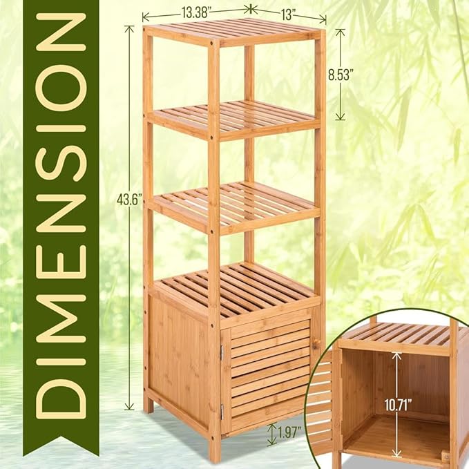 SereneLife 5-Tier Bamboo Bathroom Storage, Corner Slim Rack Cabinet Organizer