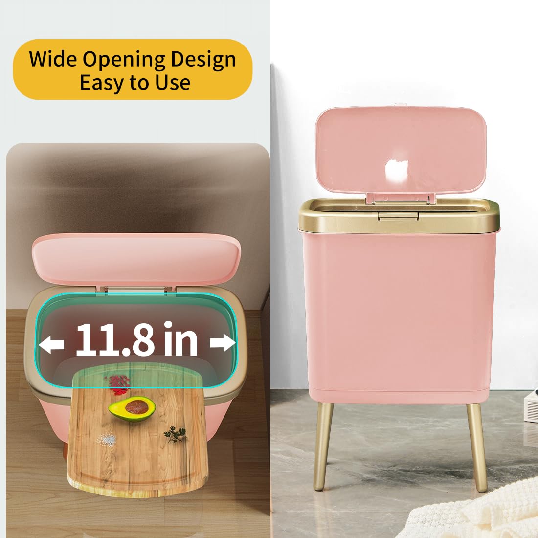 Procade Bathroom Trash Can with Lid, 4 Gallon Pink Garbage Can, Tall Plastic Trash Bin with Push Button, Slim Gold Trash Can Waste Basket for Room, Bedroom,Office,Kitchen