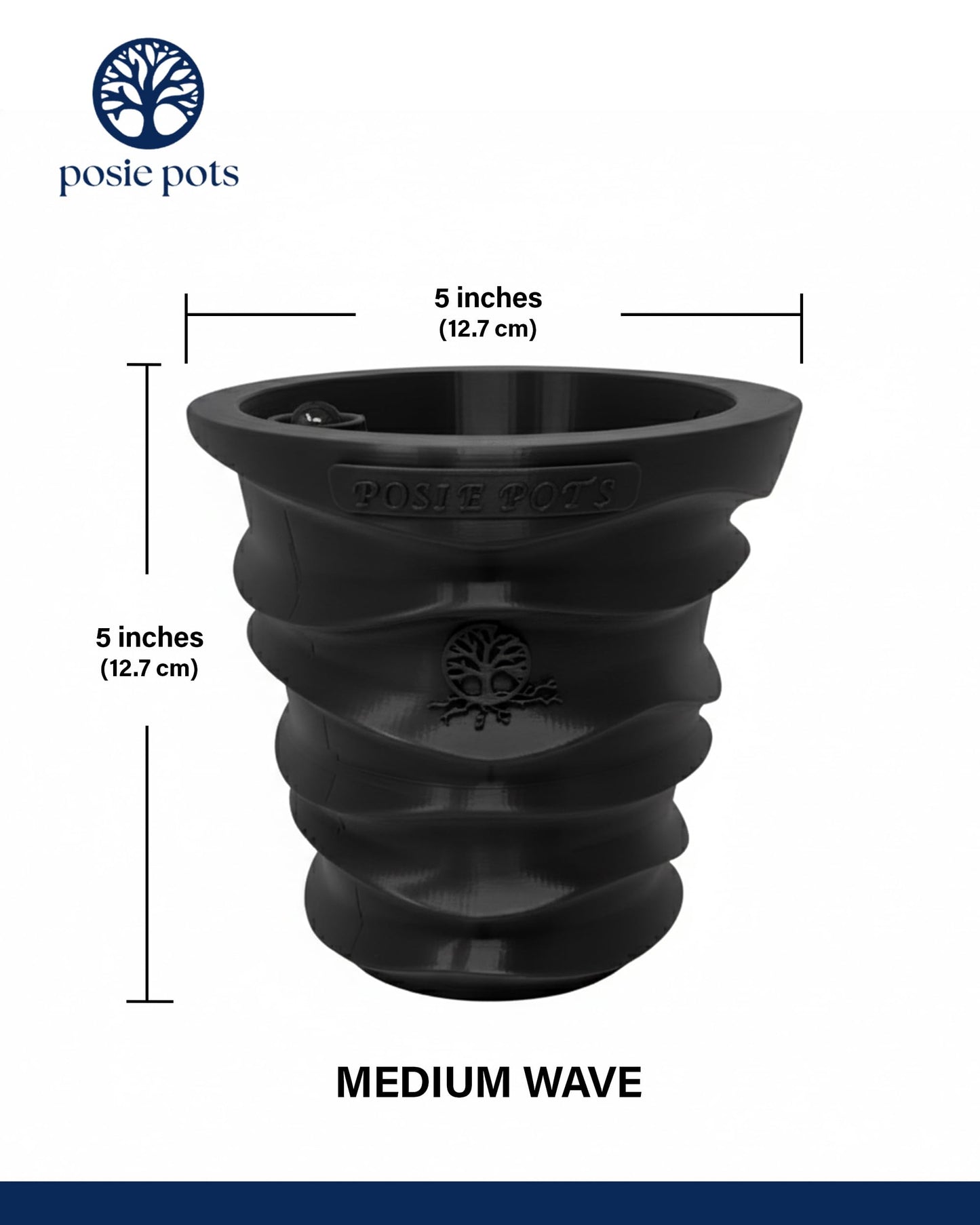 Posie Pot Medium Wave Self Watering Planter for Indoor Plants - 5x5 Inch Patented Pot with 10X Water Reservoir - Modern 3D Printed Desk Planter - Root Rot Free - Eco Friendly, Made in USA, Black