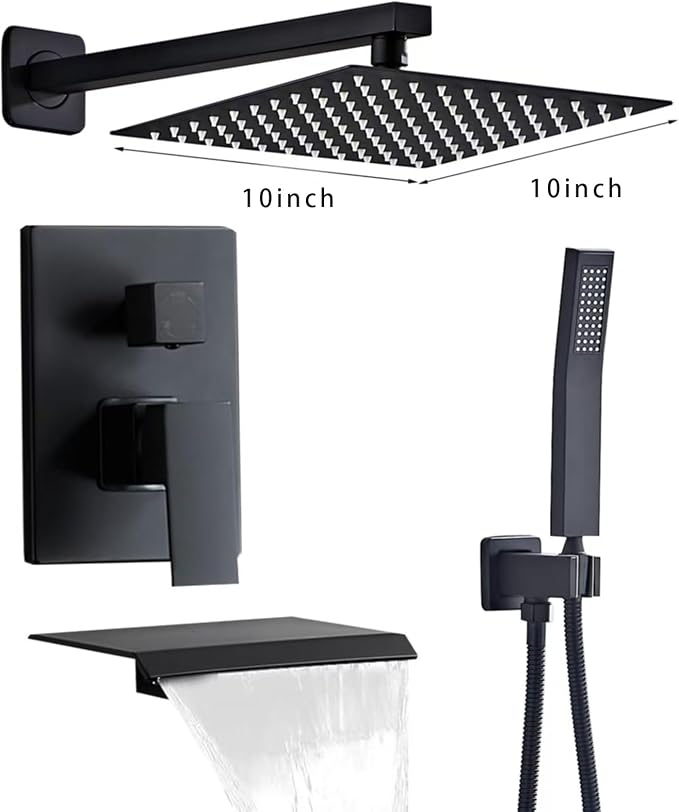 Matte Black Shower Faucet Set with Tub Spout 10 Inch, Shower Head and Handle with 2 Hooks, Tub and Shower Faucet Combo, Rain Shower and Handheld Shower System Square Wall Mount for Bathroom