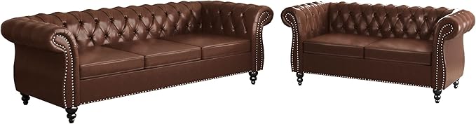 ORRD 2 Piece Living Room Set, Chesterfield Leather Sofa Loveseat Couch
