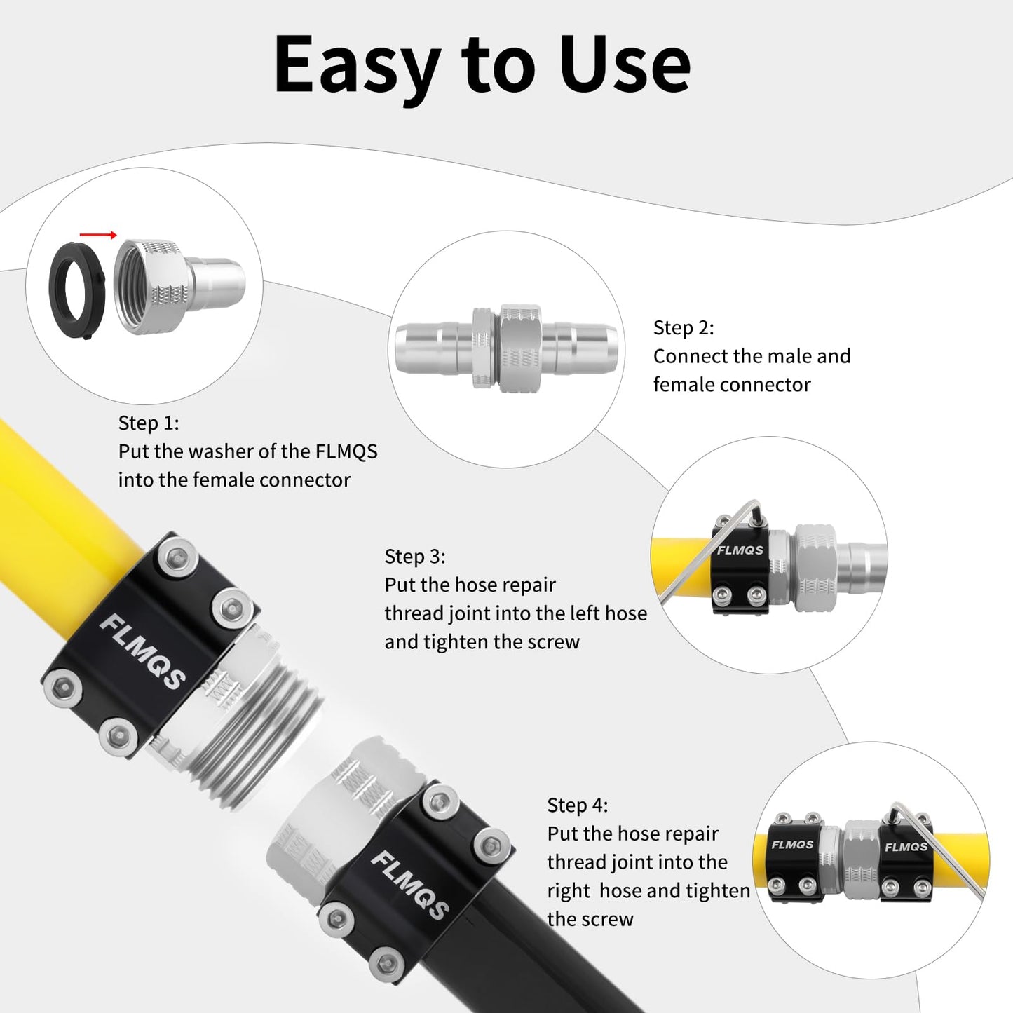 FLMQS Garden Hose Repair Connector Kit with Clamps, Fits 3/4" or 5/8" Garden Hoses, Leak-Proof Male and Female Hose Adapter, 3 Sets White