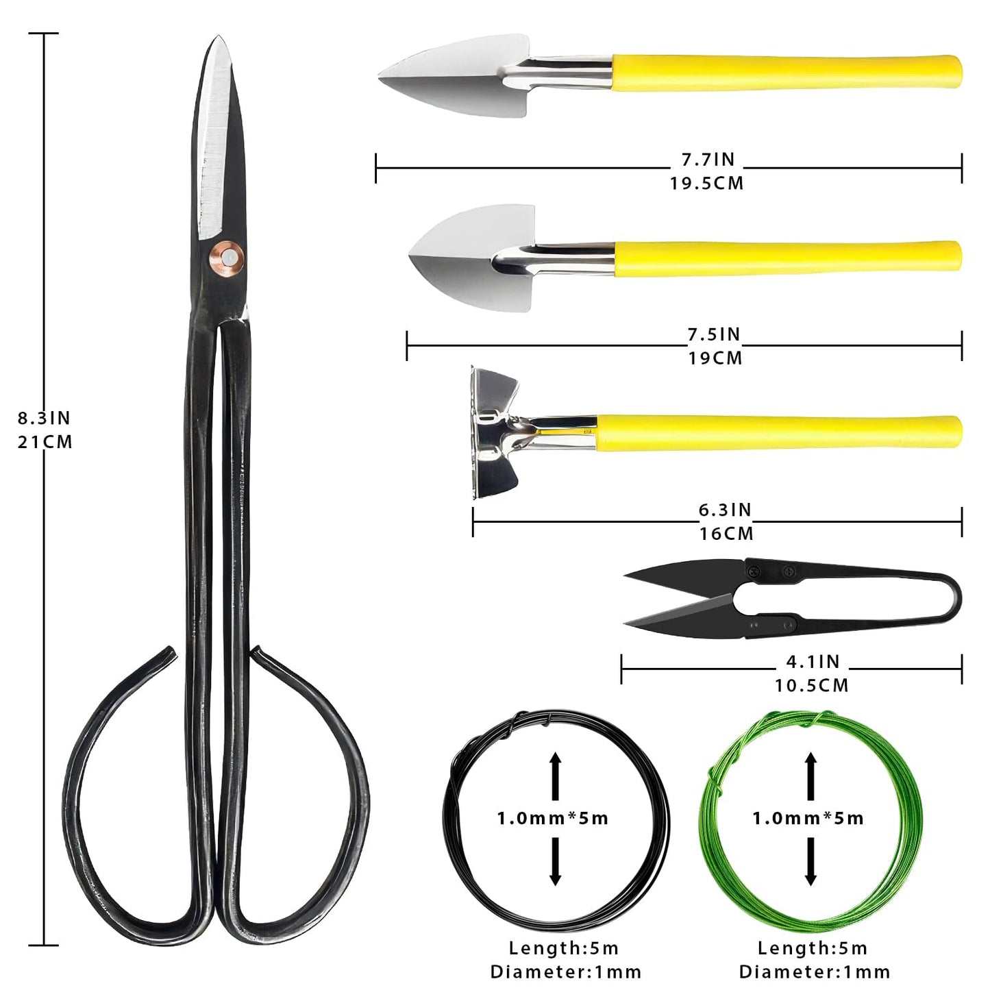 Bonsai Tools Set 7Pcs, MOSFiATA Bonsai Tree Tools Kit Succulent Trimming Tools Include Scissors, Cutters, Rake, Round and Pointed Shovel &Training Wire for Bonsai Beginner Gardening Gifts