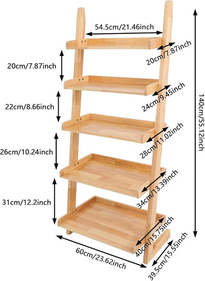 Ladder Bookshelf, 5 Tier Leaning Bookshelf Leaning Ladder Shelf with Stable Structure Rustic Style Ladder Shelves Storage Rack for Living Rooms, Bedrooms, Study Rooms (Wood Color)