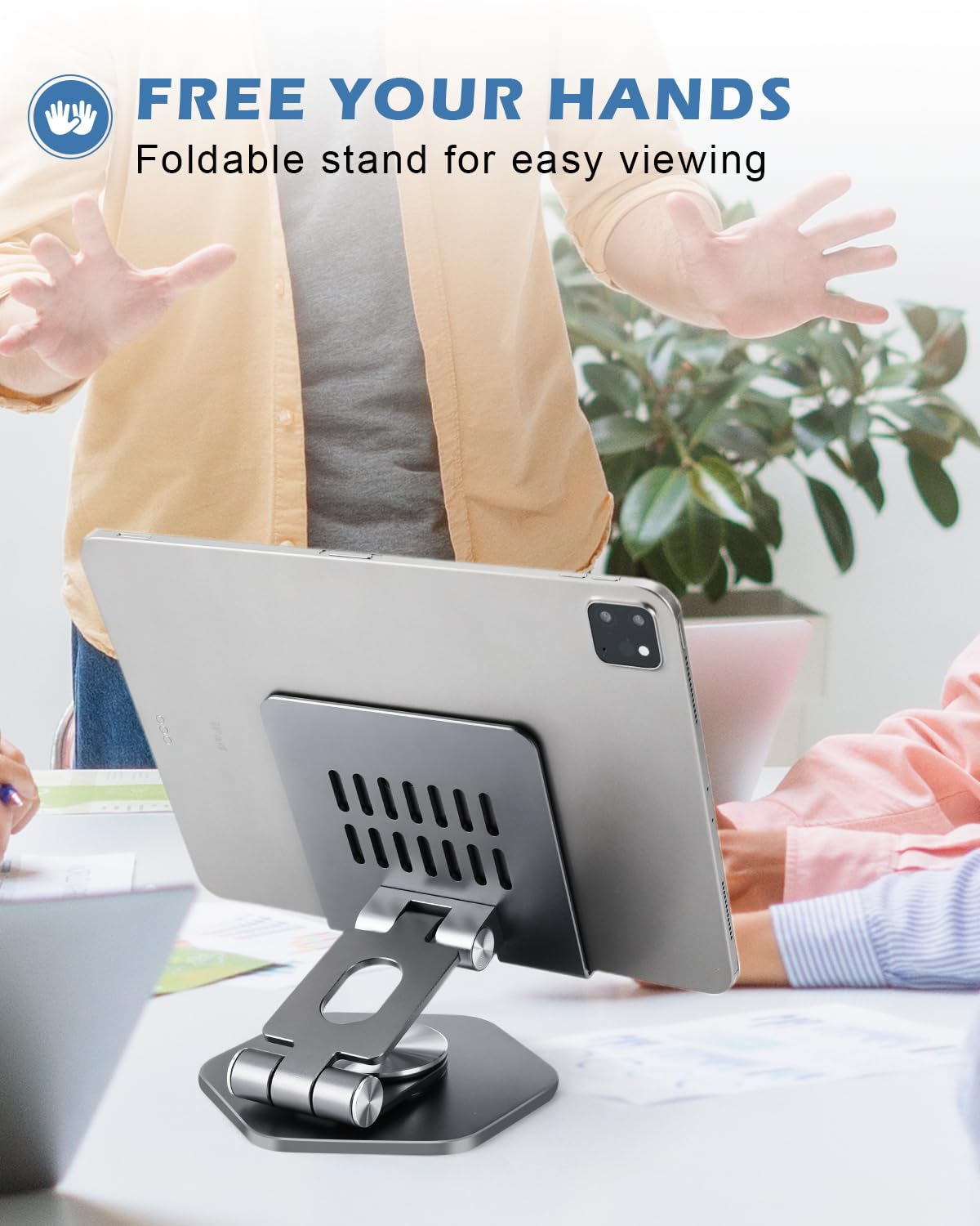 SOJUNER Aluminum Tablet Stand for Desk, 360° Swivel iPad & Tablet Holder – Thickened Material & Foldable Desktop Mount for 5–12.9in Devices, Grey