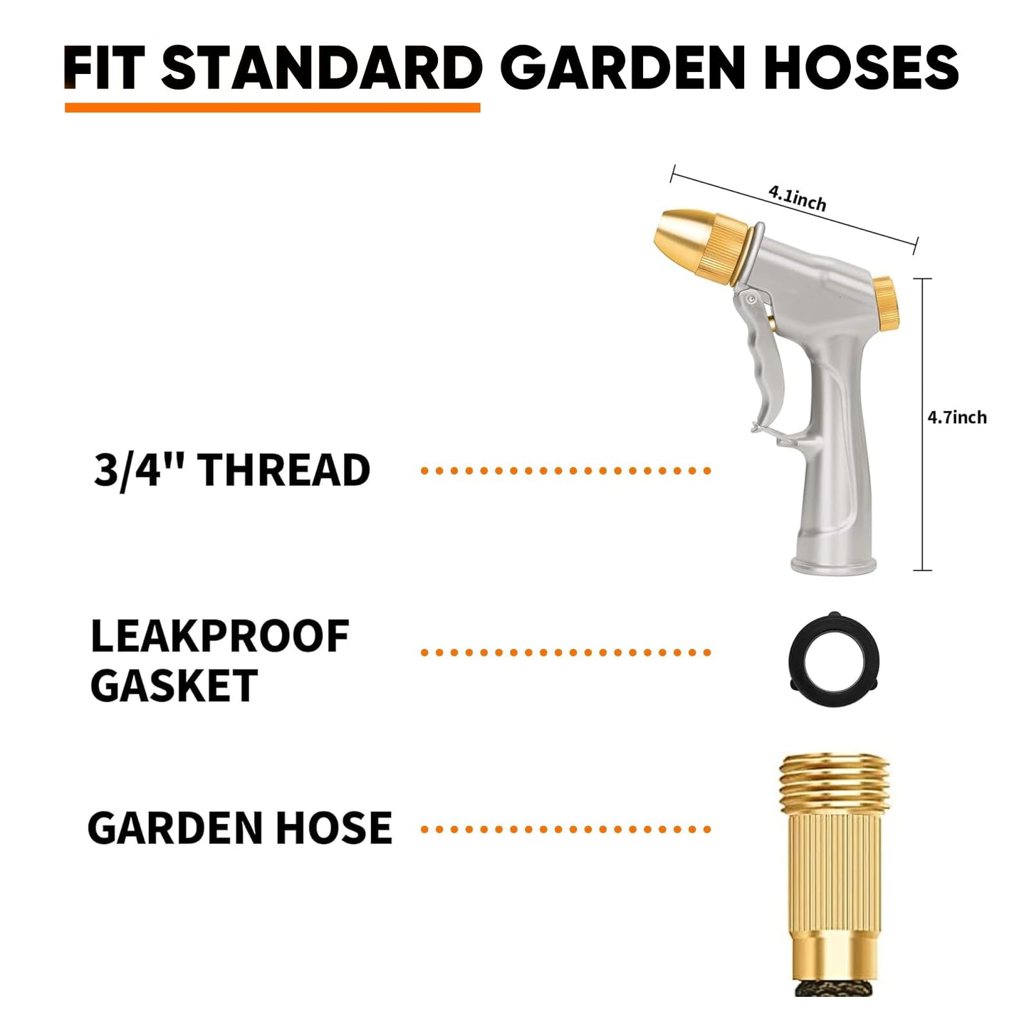 Garden Hose Nozzle, Heavy-Duty Outdoor Water Sprayer with 4 Spray Patterns Leak-Proof Brass Nozzle for Watering Plants, Car Washing, Pet Bathing