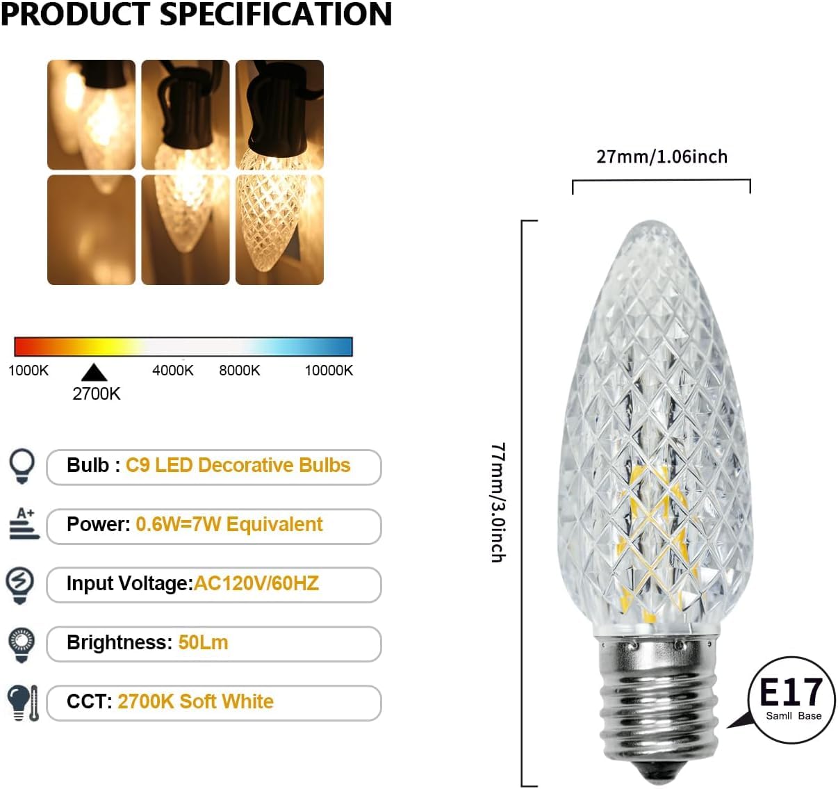 EMYMLITE C9 LED Christmas Light Bulbs, Shatterproof & Waterproof C9 LED Replacement Bulbs, 2700K Warm White Holiday Decor for Indoor & Outdoor Use, E17 Base (Warm White 50Pack)