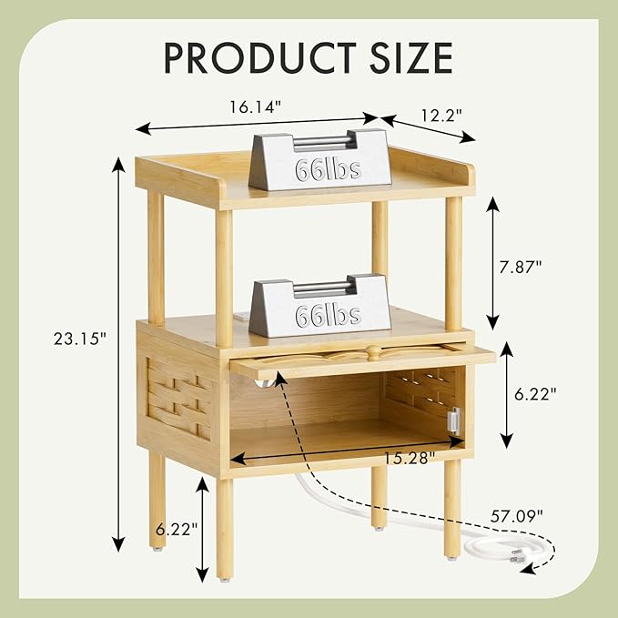 Amazer Nightstand with Charging Station, Bedside Table Bamboo with USB Ports &