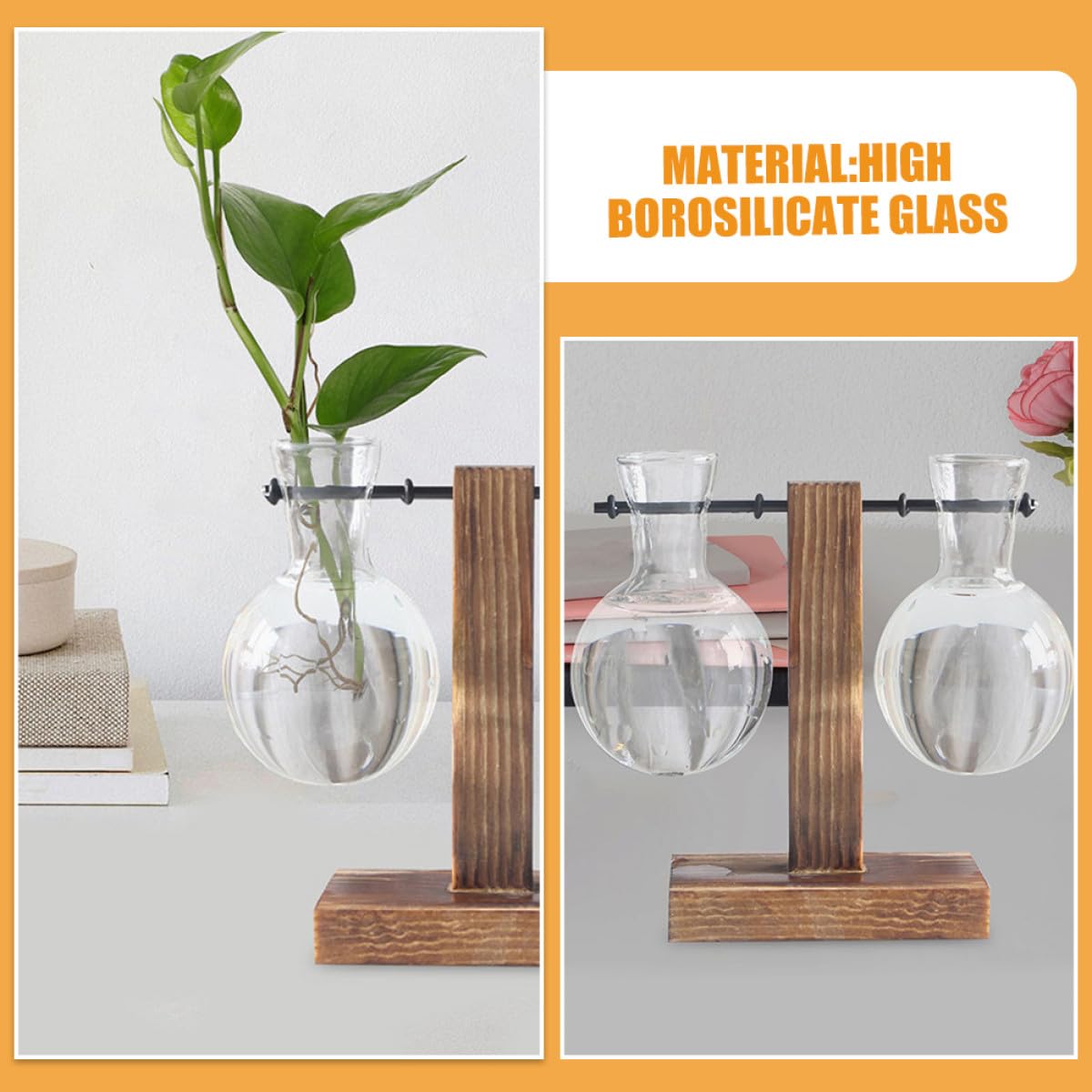 OSALADI 3Pcs Glass Hydroponic Vase with Wood Stand, High Borosilicate Glass Planter for Indoor Plant Propagation and Flower Display, Desk Terrarium Jars for Home and Office Decor