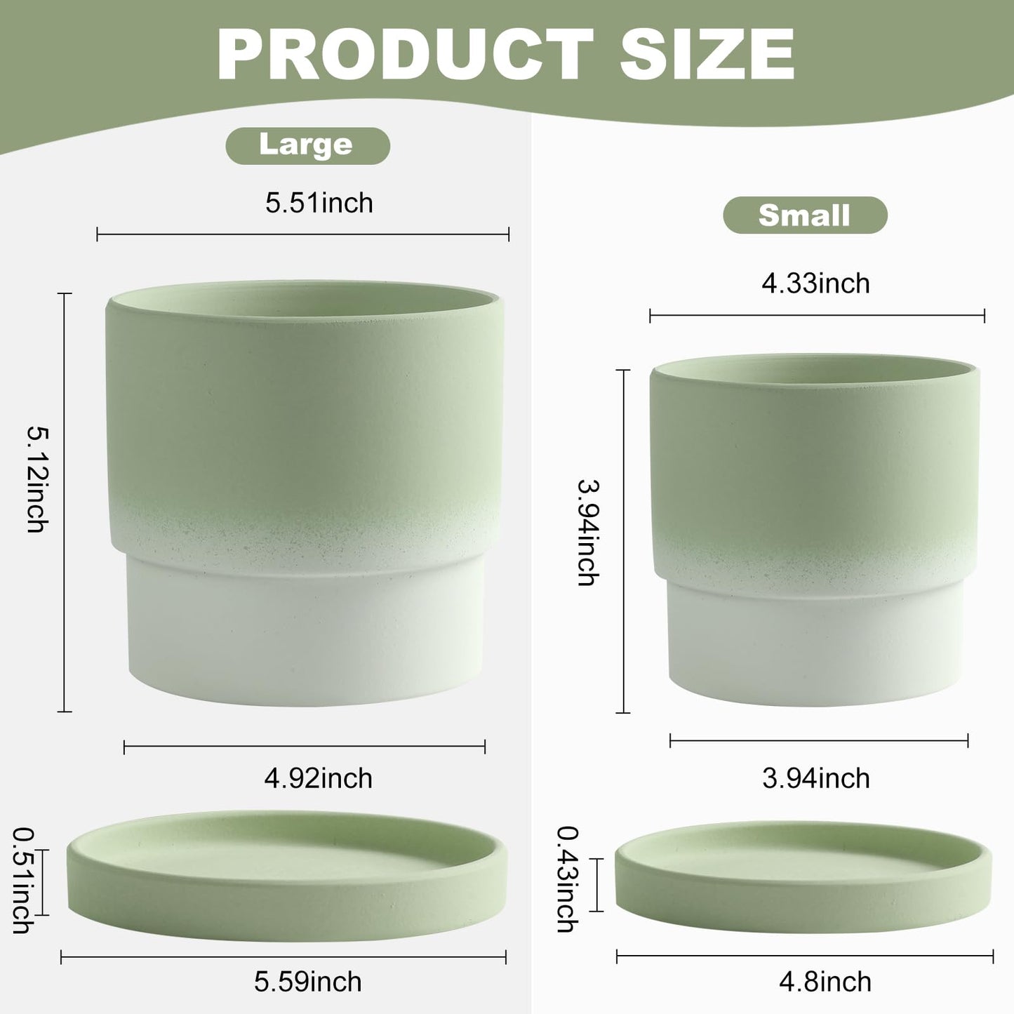 4PCS Flowerpot with Tray Ceramic Planters Small Planters for Indoor Plants Plant Pots Indoor with Drainage Small Succulent Clay Planter Pots (Green)