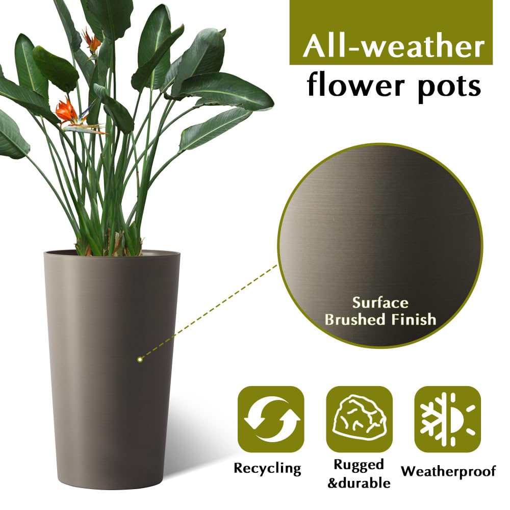 zzhugyin 2 Pack Tall 21.7 Inch Planter Pots, Modern Tapered Flower Pots for Indoor Outdoor Plants, Large Garden Patio Porch Planter Box (Brown)