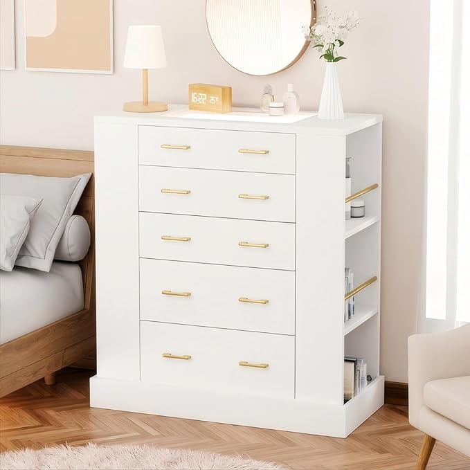 Drawer Dresser with LED Lights and Open Shelves, Modern Tempered Glass Top