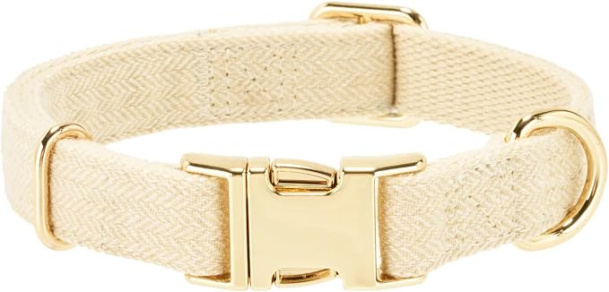 Luxury Soft Cotton Tweed Fabric Dog Collar & Leash Set with Gold Buckle – Durable Fabric, Stylish Design for Everyday Walks(Small Cream)