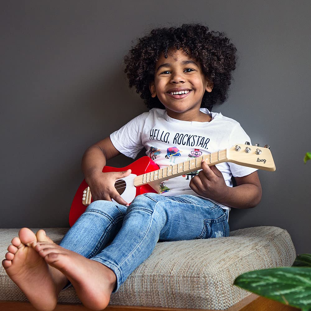 Loog Mini Acoustic kids Guitar for Beginners 3-strings Ages 3+ Learning app and lessons included Red