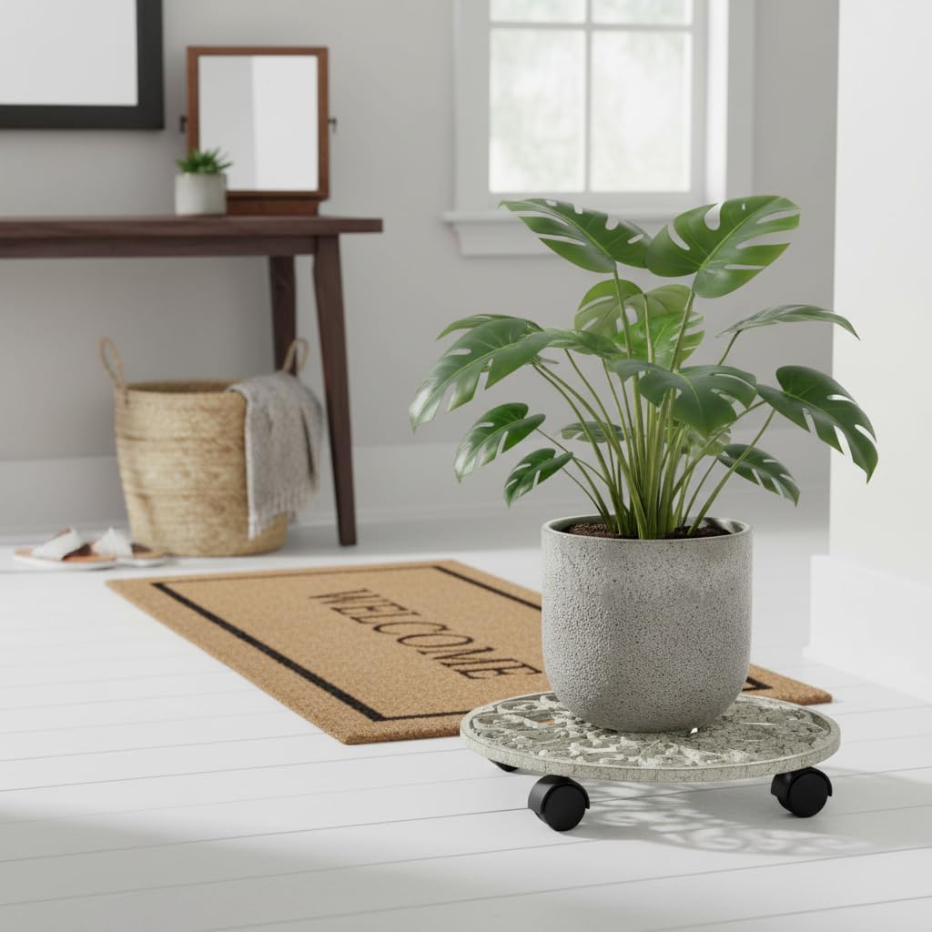 Comfy Hour 12" Cast Iron Plant Caddy with Wheels, Heavy Duty Rolling Flower Pot Stand, Decorative Victorian Style Plant Dolly for Indoor Outdoor Home, Antique White Finish, 1 Unit