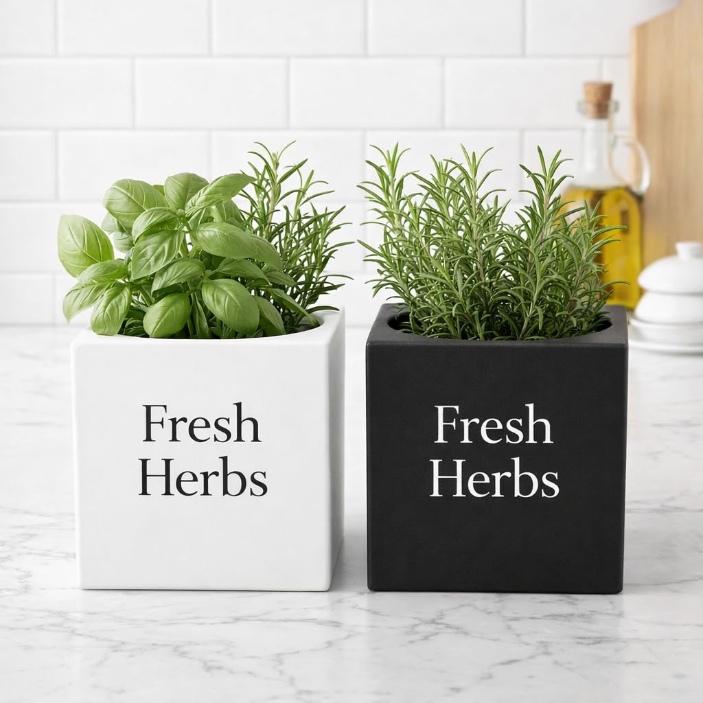 Fresh Herbs Planter Set of 2 (White & Black), 3.94'' Square Indoor Herb Pots for Kitchen Countertop, Modern Minimal Planters for Home Décor