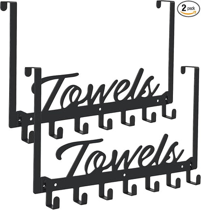 Azmoncy 2 Pack Over The Door Hooks, Towel Rack for Bathroom Towel Holder for Hanging Heavy Duty, Over Door Towel Hanger with 14 Coat Hooks for Bedroom Bathroom Kitchen Towels, Bags, Hats - Black