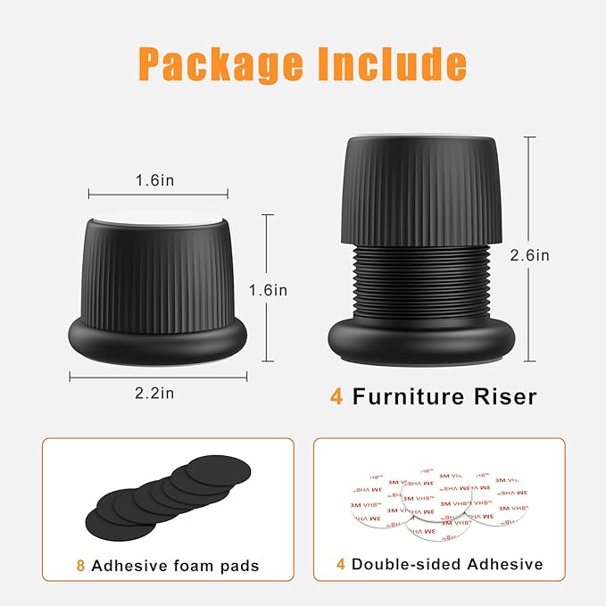 Adjustable Furniture Bed Risers, 1.6-2.6 inch Black, Durable Plastic Anti Slip